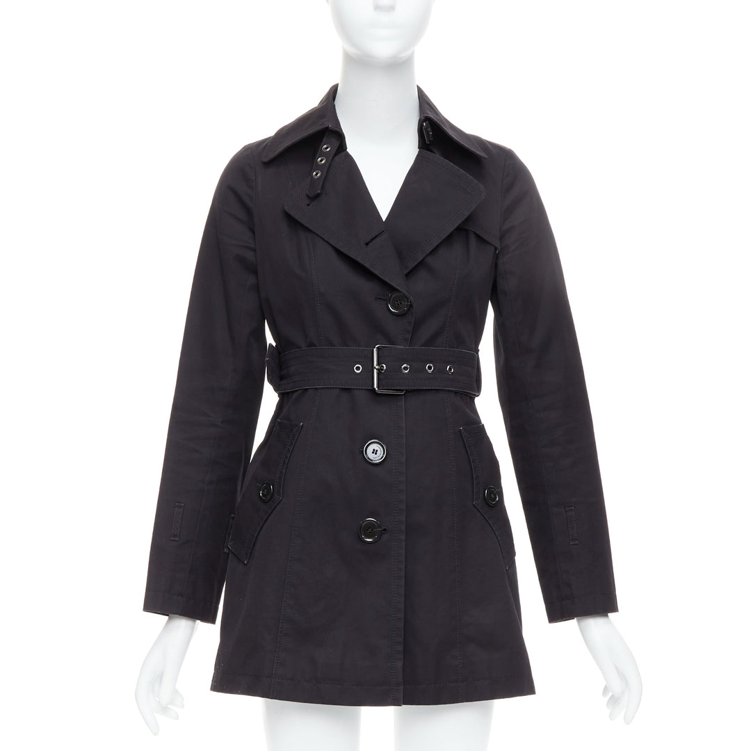 Female mannequin wearing Burberry Blue Label Black Wool Women Trench Coat in Size IT38 | Available at JHROP