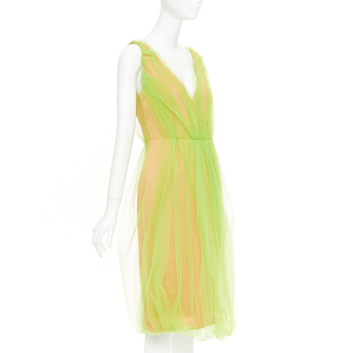 PRADA 2018 Runway neon green Technical Tulle Overlay V-Neck Bubble Dress IT42 M