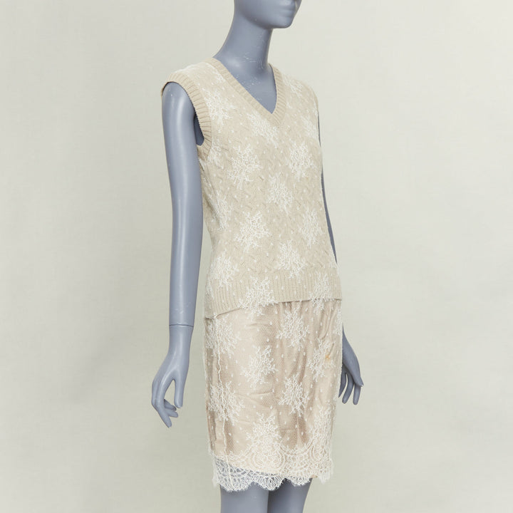 LOUIS VUITTON beige wool cream lace overlay V neck sleeveless knit dress S