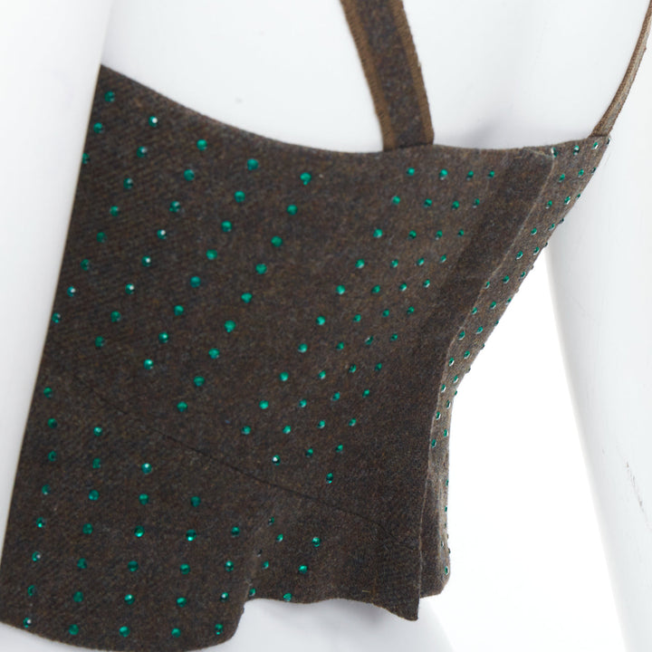 MIU MIU Vintage 1998 Runway fleece wool green crystal bustier top IT38 XS