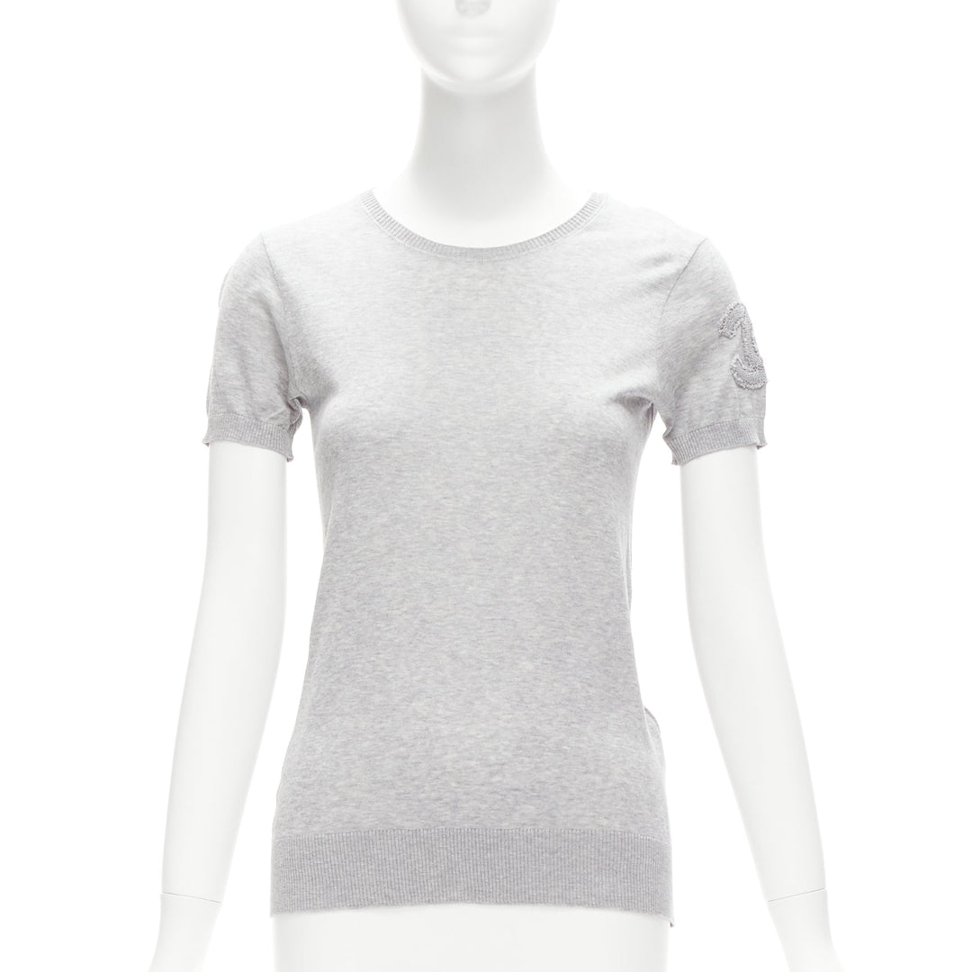 CHANEL grey 100% cotton CC logo short sleeve knitted top FR36 S
