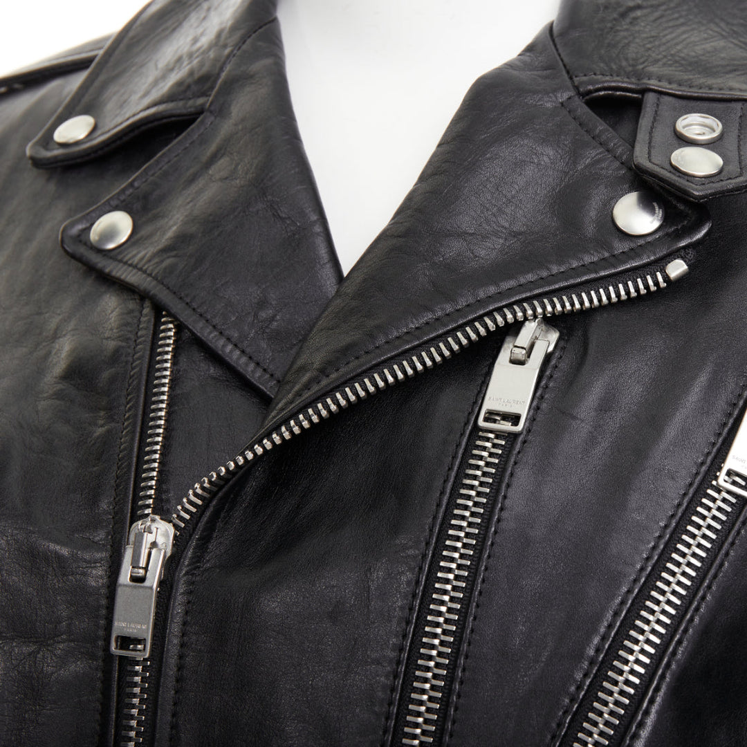 SAINT LAURENT 2016 L17 black calfskin leather buckled moto biker jacket FR44 XS