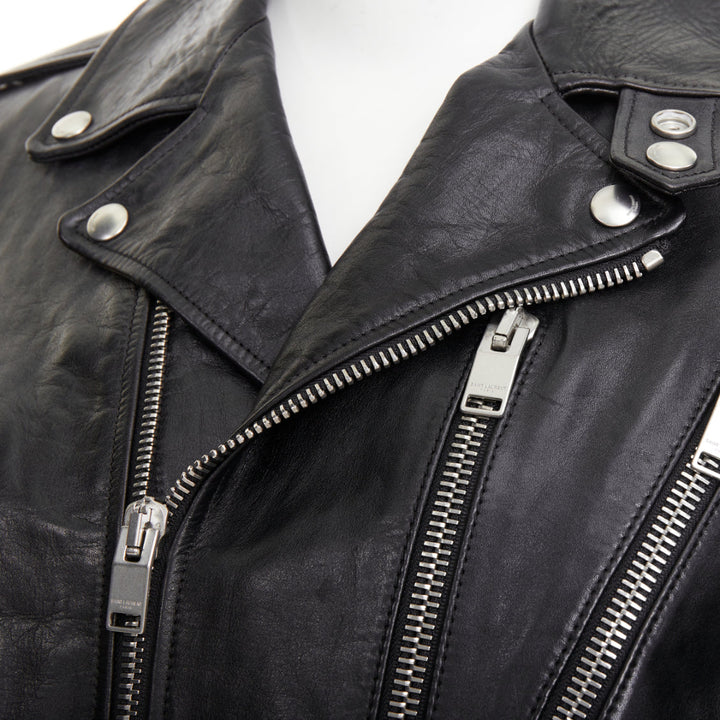 SAINT LAURENT 2016 L17 black calfskin leather buckled moto biker jacket FR44 XS