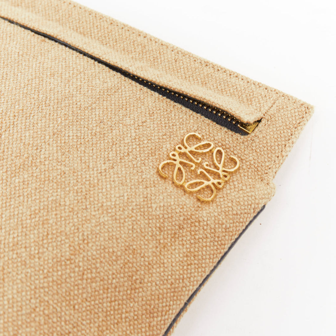 LOEWE T Pouch beige linen canvas gold anagram dark zip slot clutch bag