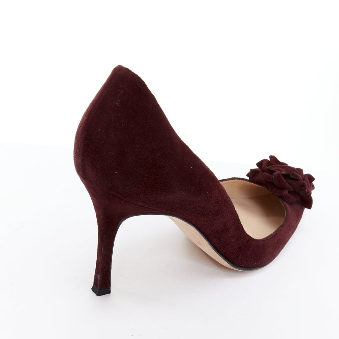 MANOLO BLAHNIK Lisa burgundy suede flower applique pumps EU39