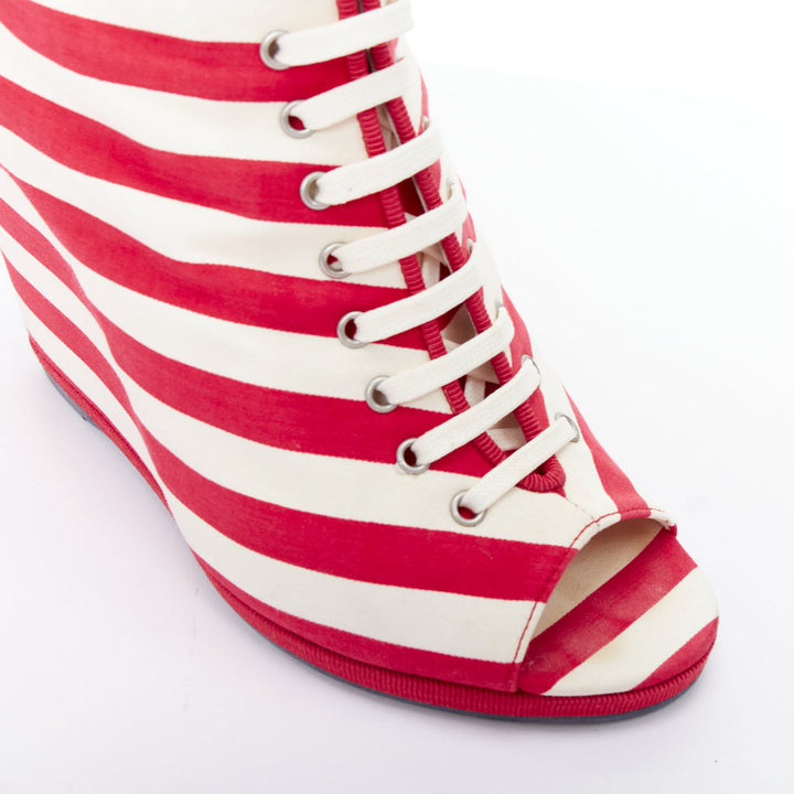 CHANEL 2010 Runway red cream stripe canvas blue leather CC boots EU38 Katy Perry