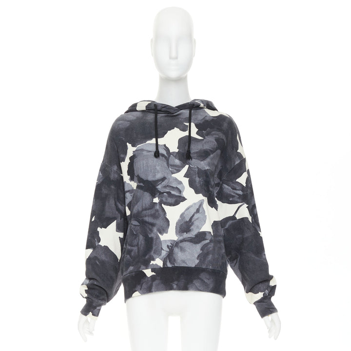 DRIES VAN NOTEN grey ivory cotton abstract rose print black drawstring hoodie S
