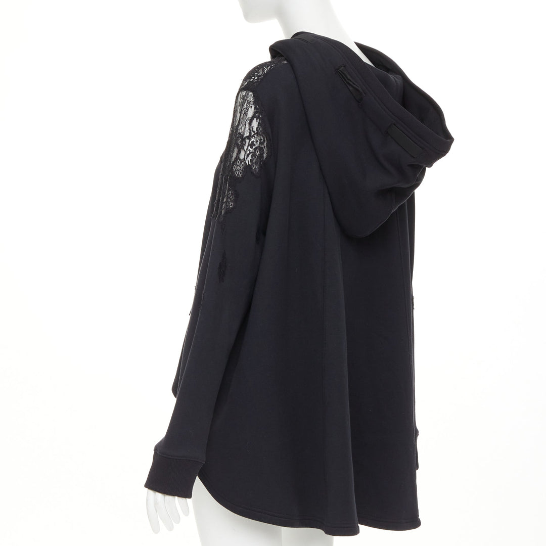 VALENTINO black cotton sheer floral lace panel floral applique half zip hoodie M