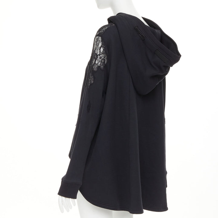 VALENTINO black cotton sheer floral lace panel floral applique half zip hoodie M