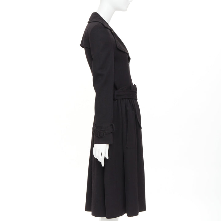 VIKTOR & ROLF black wool twill ruched waist gun flap long trench coat IT38 XS