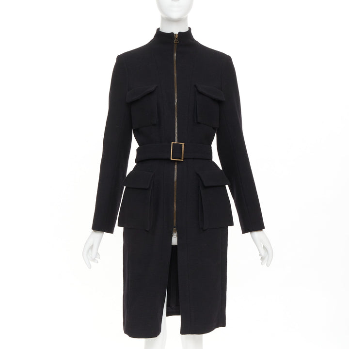 LANVIN 2003 black wool cargo pocket belted high neck zip front long coat FR36 S