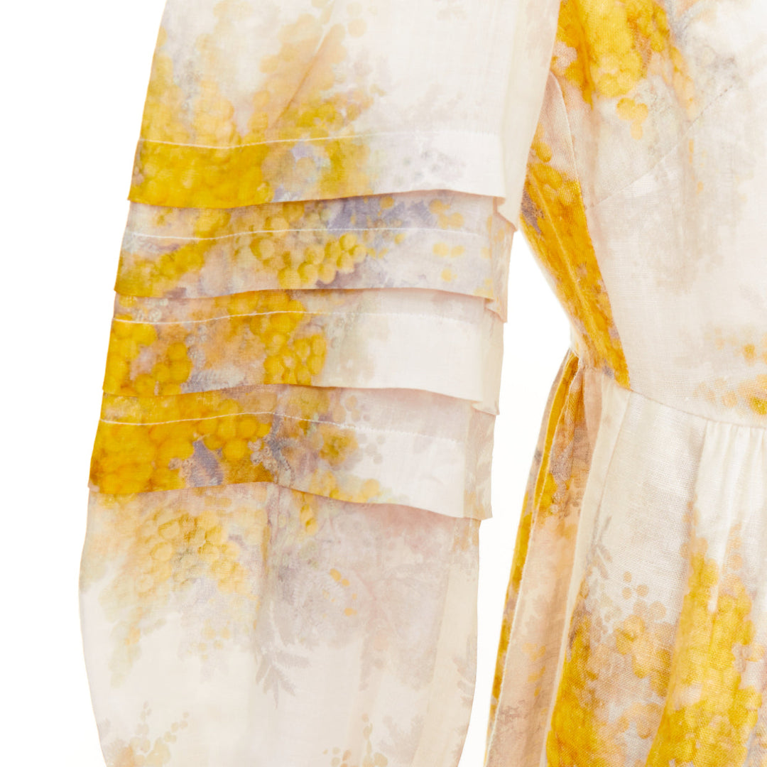 ZIMMERMANN 2021 Botanica yellow grey linen Wattle floral puff sleeve dress Sz1 S