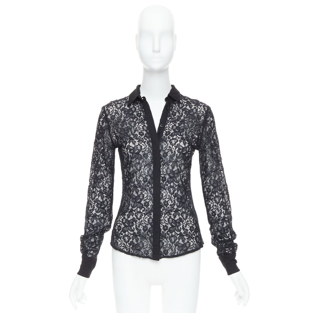 D&G DOLCE GABBANA Vintage black cotton silk floral lace sheer shirt IT38 XS