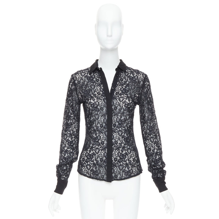 D&G DOLCE GABBANA Vintage black cotton silk floral lace sheer shirt IT38 XS