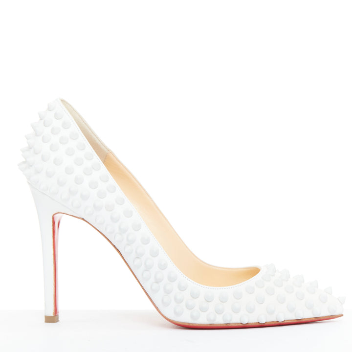 CHRISTIAN LOUBOUTIN Pigalle Spikes 100 white matte leather spike pumps EU37.5
