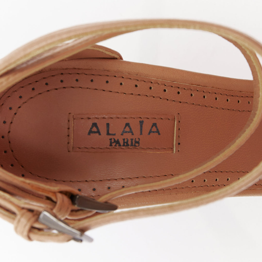 ALAIA nude leather double ankle strap peep toe stiletto high heel sandals EU36.5