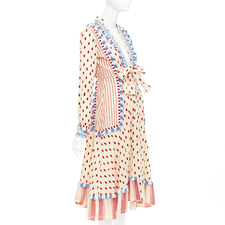 DODO BAR OR Padma beige red blue knotted embroidery cotton boho dress US0 XS