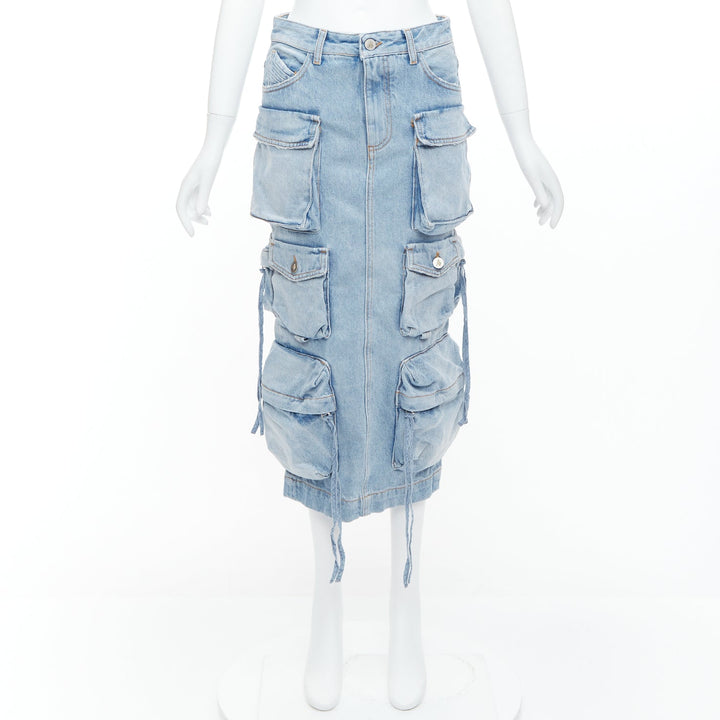 THE ATTICO blue washed denim multi pocket cargo midi skirt 24"