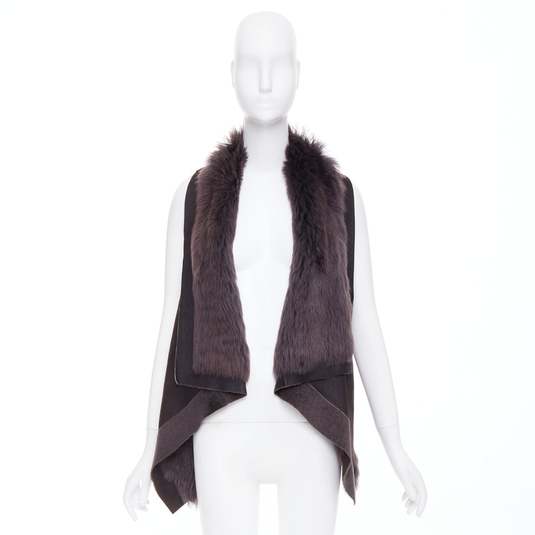 KARL DONOGHUE dark brown lambskin leather fur lined draped vest jacket XS