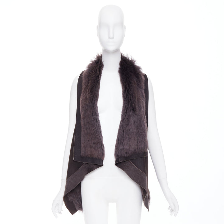 KARL DONOGHUE dark brown lambskin leather fur lined draped vest jacket XS