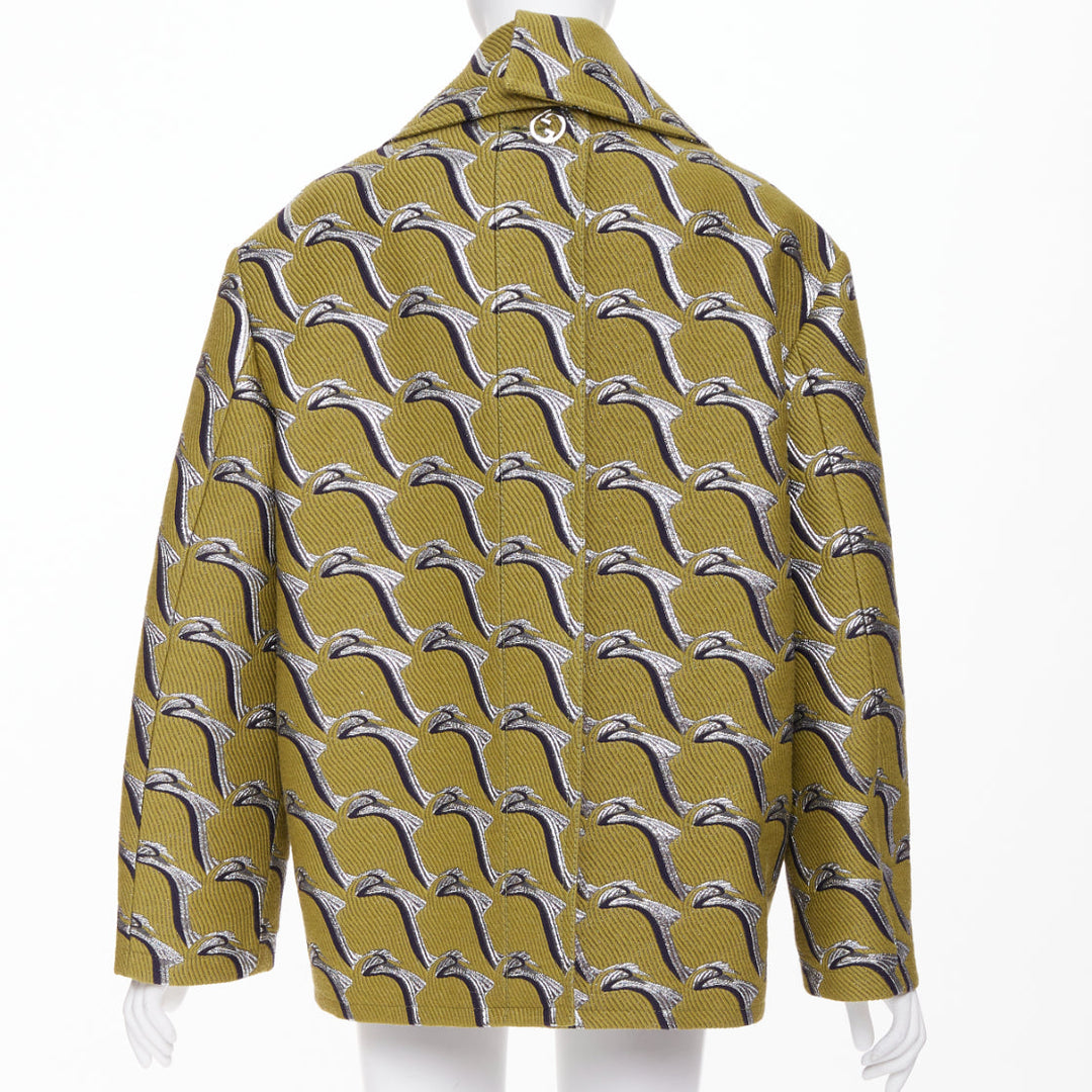 GUCCI 2024 Runway green silver Heron bird jacquard double breast peacoat IT40 S