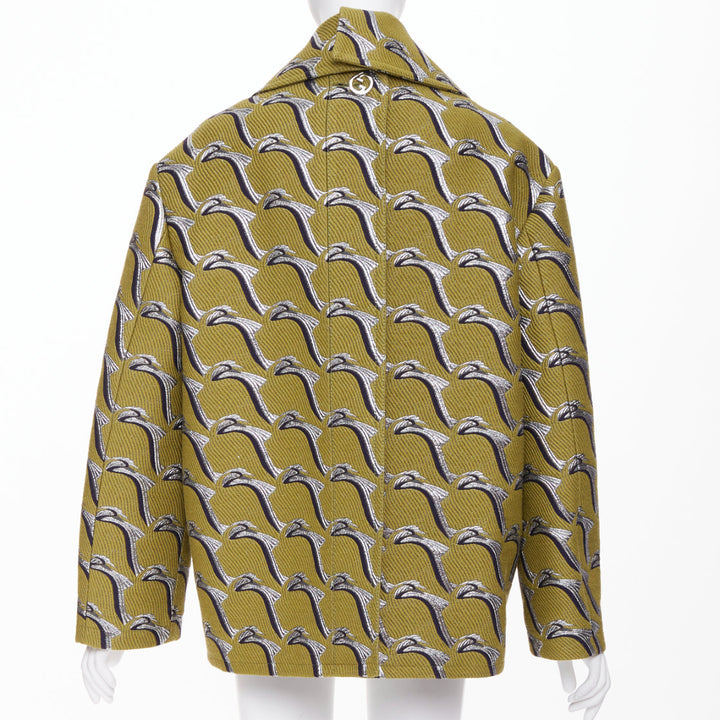 GUCCI 2024 Runway green silver Heron bird jacquard double breast peacoat IT40 S