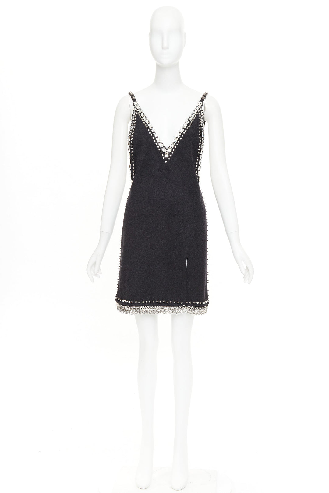 rare MIU MIU 2021 Runway charcoal wool crystal stud chainmail slip dress IT38 XS