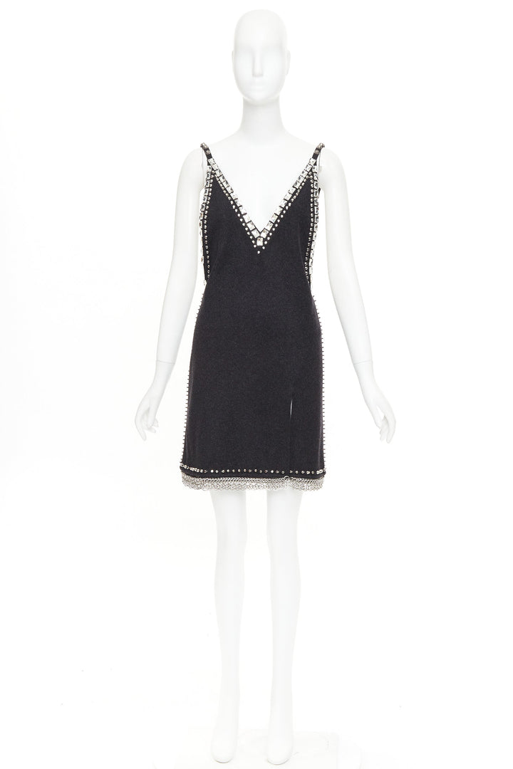 rare MIU MIU 2021 Runway charcoal wool crystal stud chainmail slip dress IT38 XS