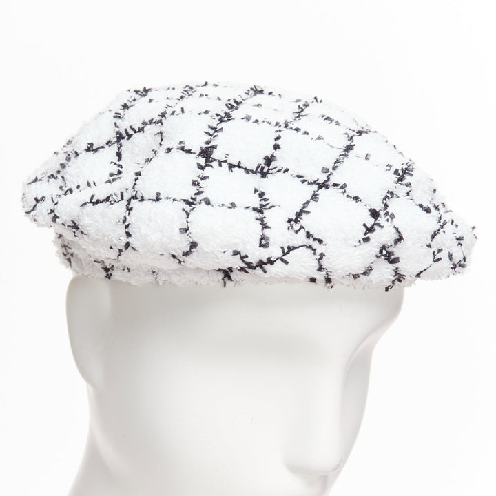 CHANEL 2019 white black checkered tweed lined beret hat S