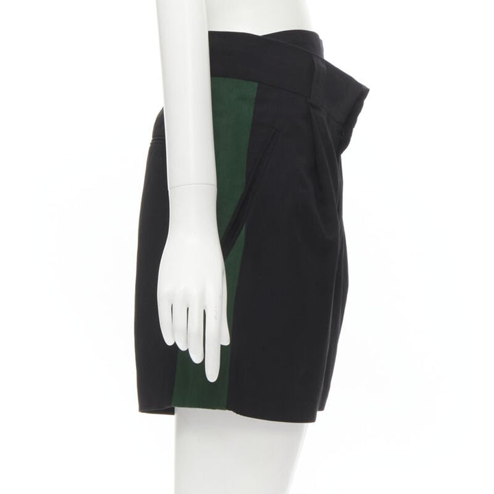 HAIDER ACKERMANN black green grosgrain trimmed side pleated front shorts FR34 XS