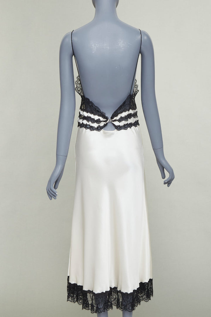 SAINT LAURENT 2022 Runway Bridal black lace ivory silk satin slip dress FR36 S