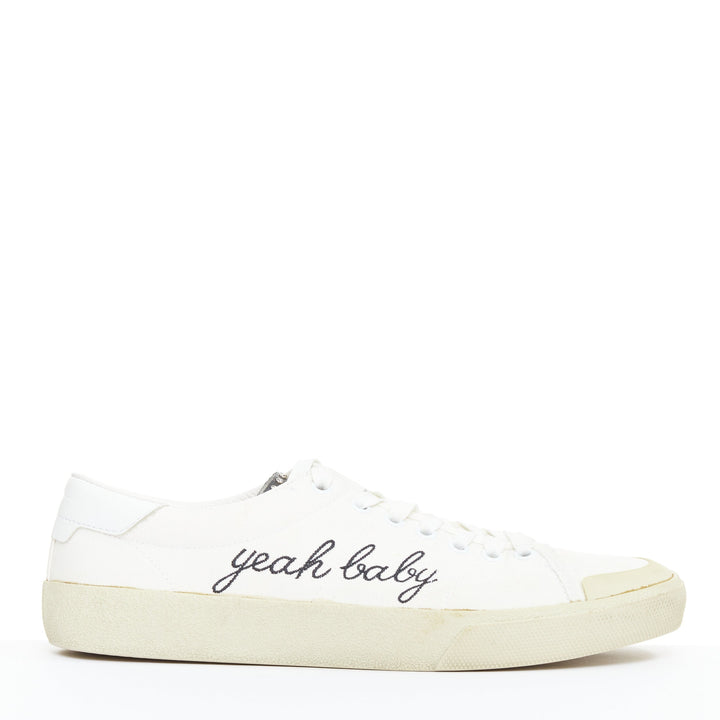 SAINT LAURENT SL/06 cream Yeah Baby embroidered canvas court sneakers EU40.5