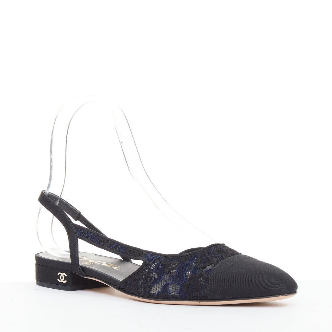 CHANEL navy black lace silver CC logo lace grosgrain slingback ballet flat