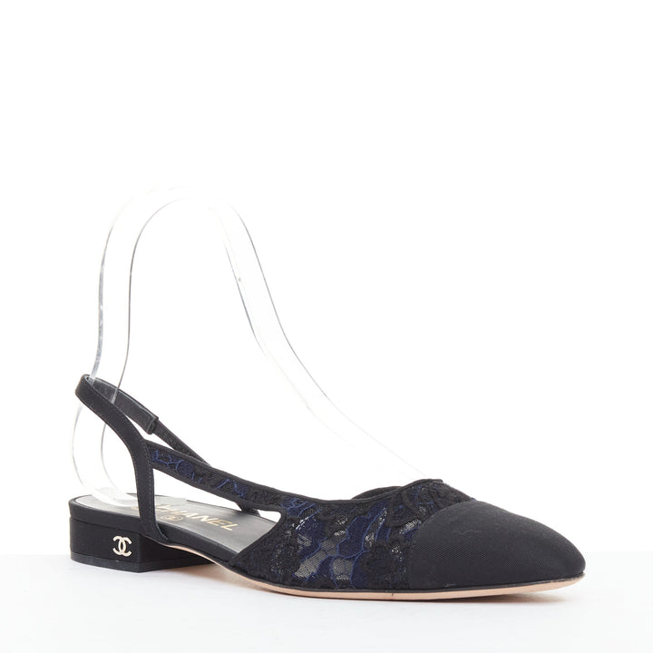 CHANEL navy black lace silver CC logo lace grosgrain slingback ballet flat
