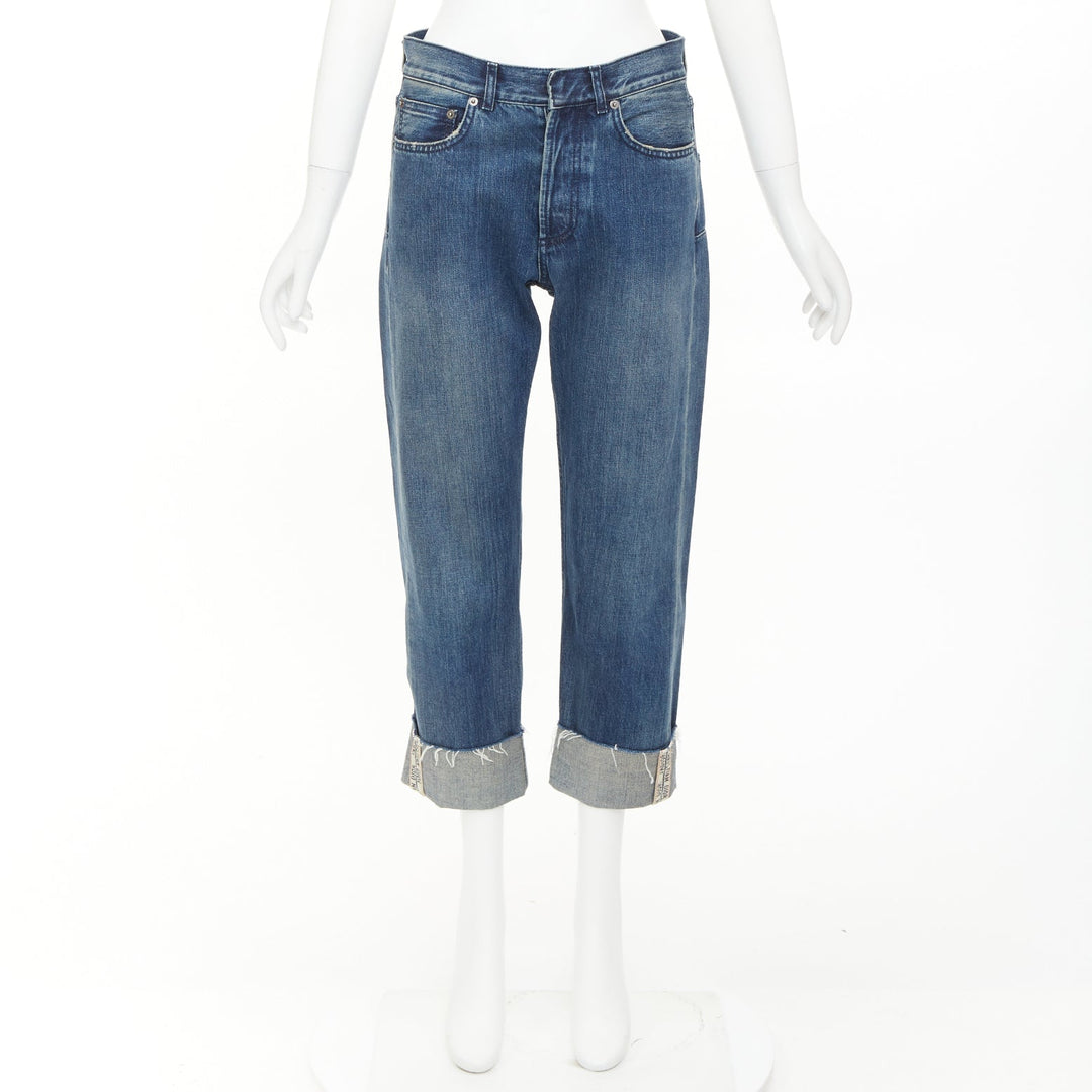 DIOR CD 01 blue denim logo tape cuff frayed boyfriend cropped jeans FR36 S