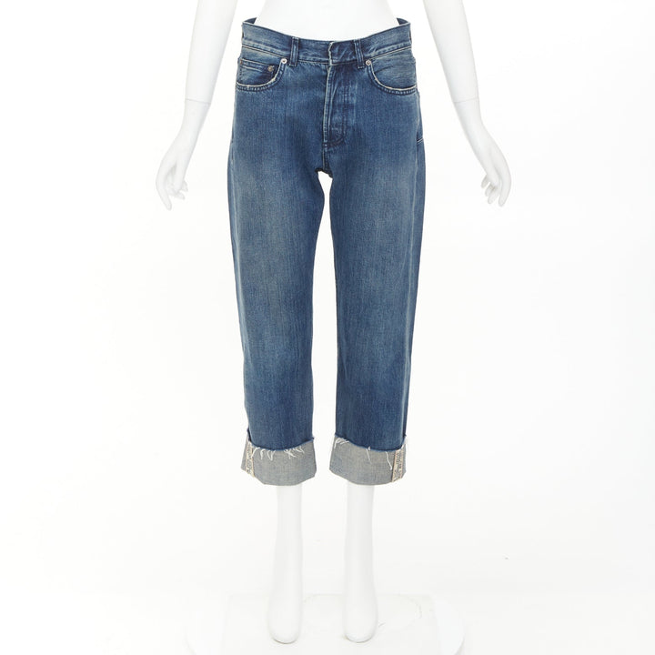 DIOR CD 01 blue denim logo tape cuff frayed boyfriend cropped jeans FR36 S