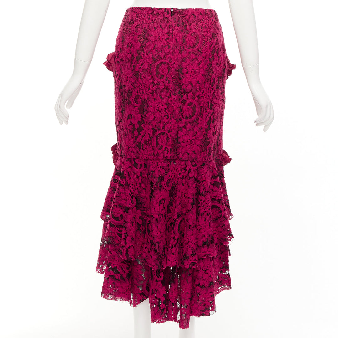 ROMANCE WAS BORN red cotton silk blend floral lace bias ruffle midi skirt AUS8 S