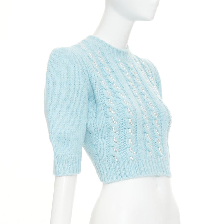 ALESSANDRA RICH pastel blue alpaca pearl embellished cable sweater IT36 XXS