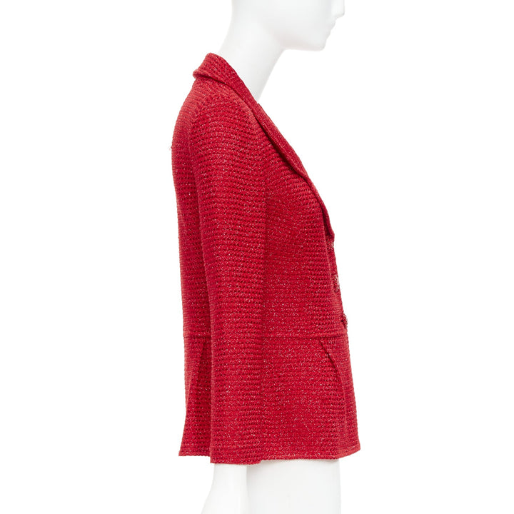 ST JOHN COUTURE red metallic tweed knit crystal buttons peplum blazer US6 M