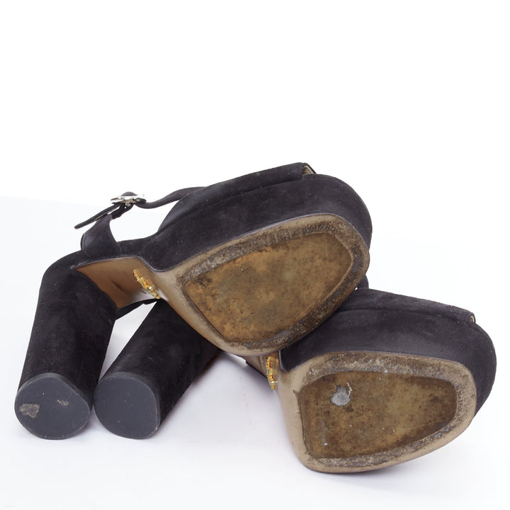 PRADA black suede round buckles peep toe chunky platform sandals EU39