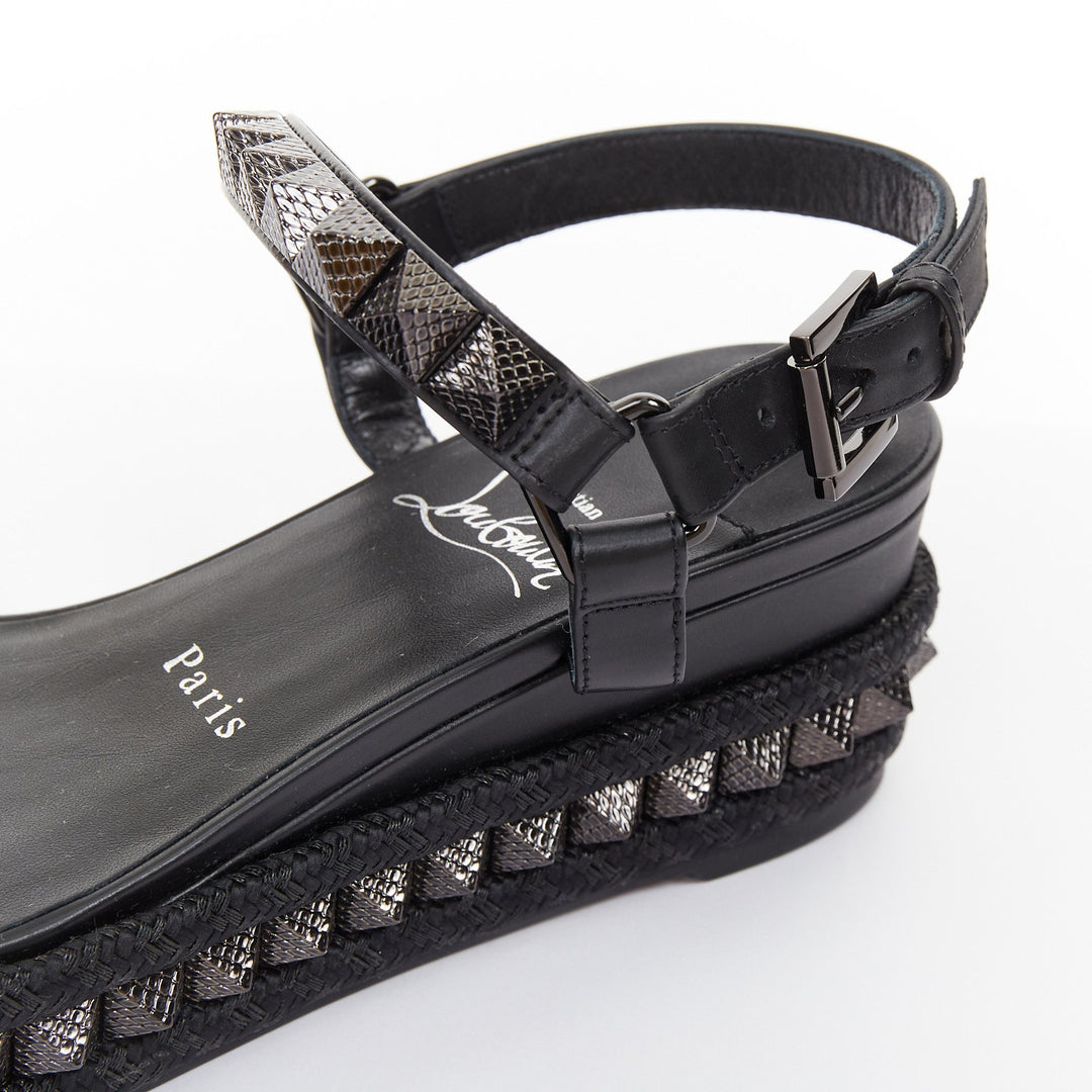 CHRISTIAN LOUBOUTIN Pyraclou 60 black leather spikes platform wedges EU37