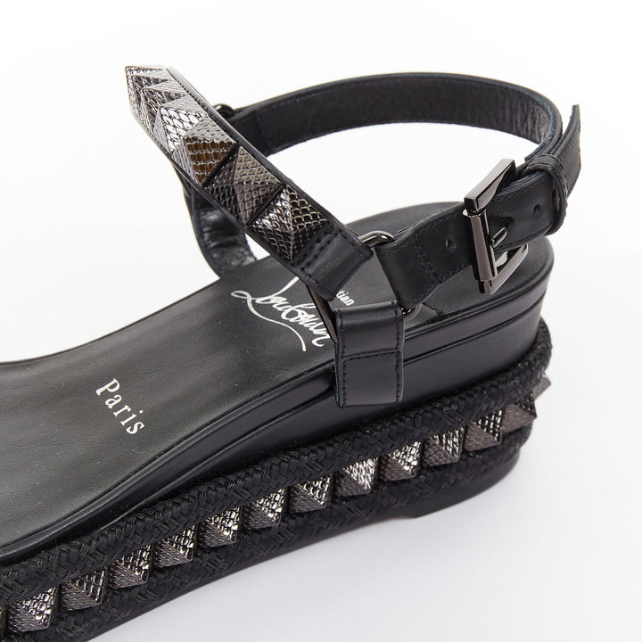 CHRISTIAN LOUBOUTIN Pyraclou 60 black leather spikes platform wedges EU37