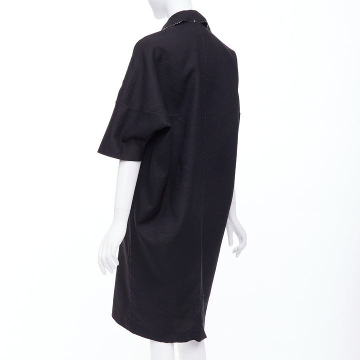 MARNI black wool linen frayed edge double breasted long coat IT38 XS