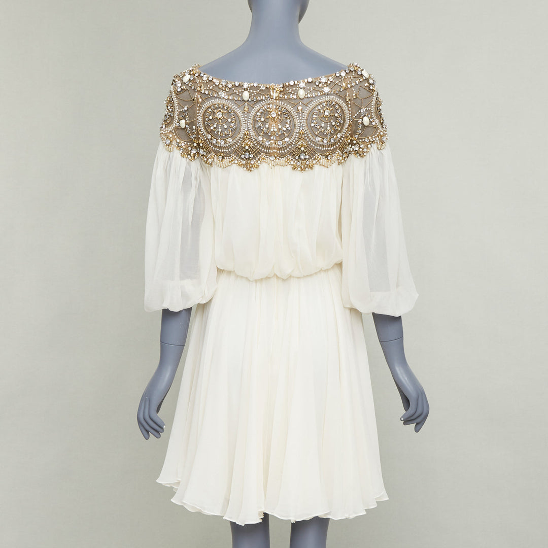 MARCHESA 2012 Runway ivory silk gold beads embellished off shoulder dress US4 S