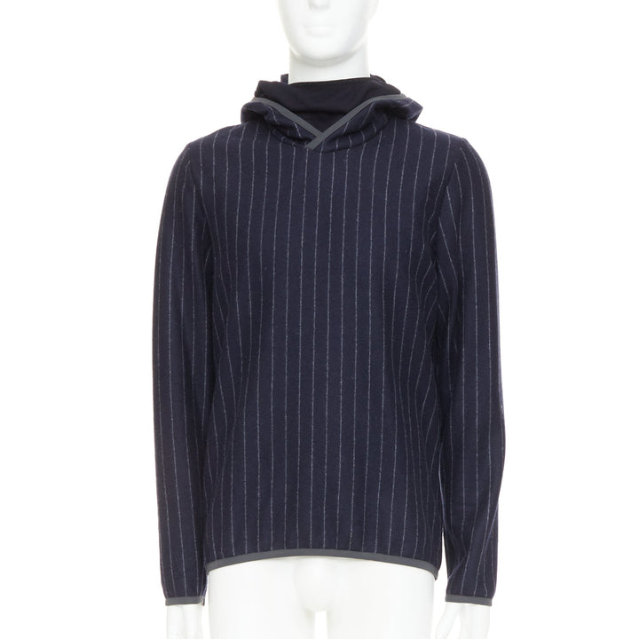 SEASE Drone Hood navy virgin wool cashmere pinstripe trimmed hoodie S