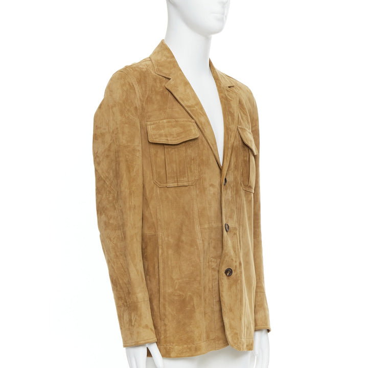 DUNHILL brown genuine suede lambskin leather utility blazer jacket M