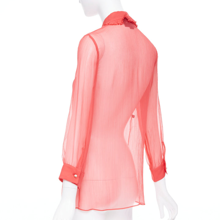 GUCCI coral red sheer chiffon GG pearl black pussybow ruffle blouse IT42 M