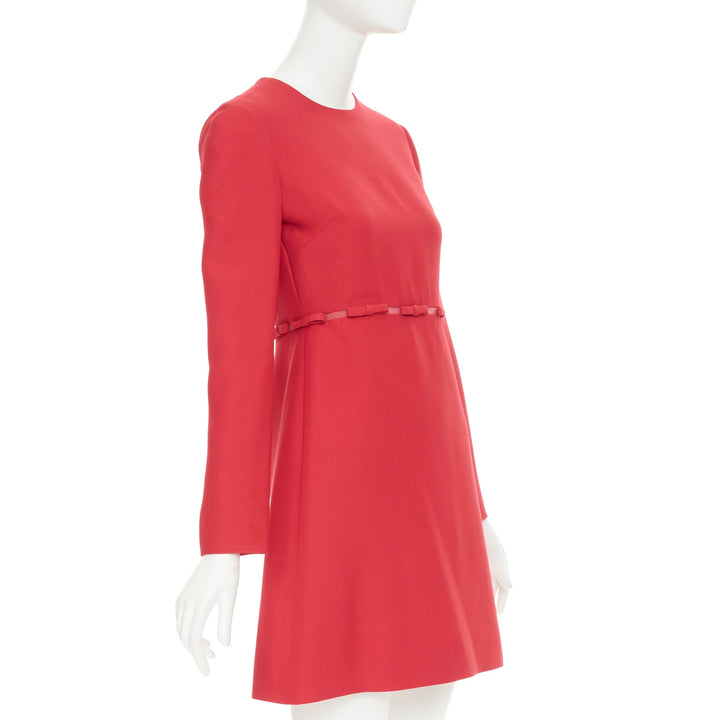 VALENTINO  red wool silk crepe ribbon mesh waist cocktail dress IT40 S