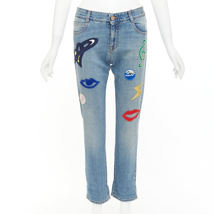 STELLA MCCARTNEY 2015 colorful music notes patch blue crop jeans 25"