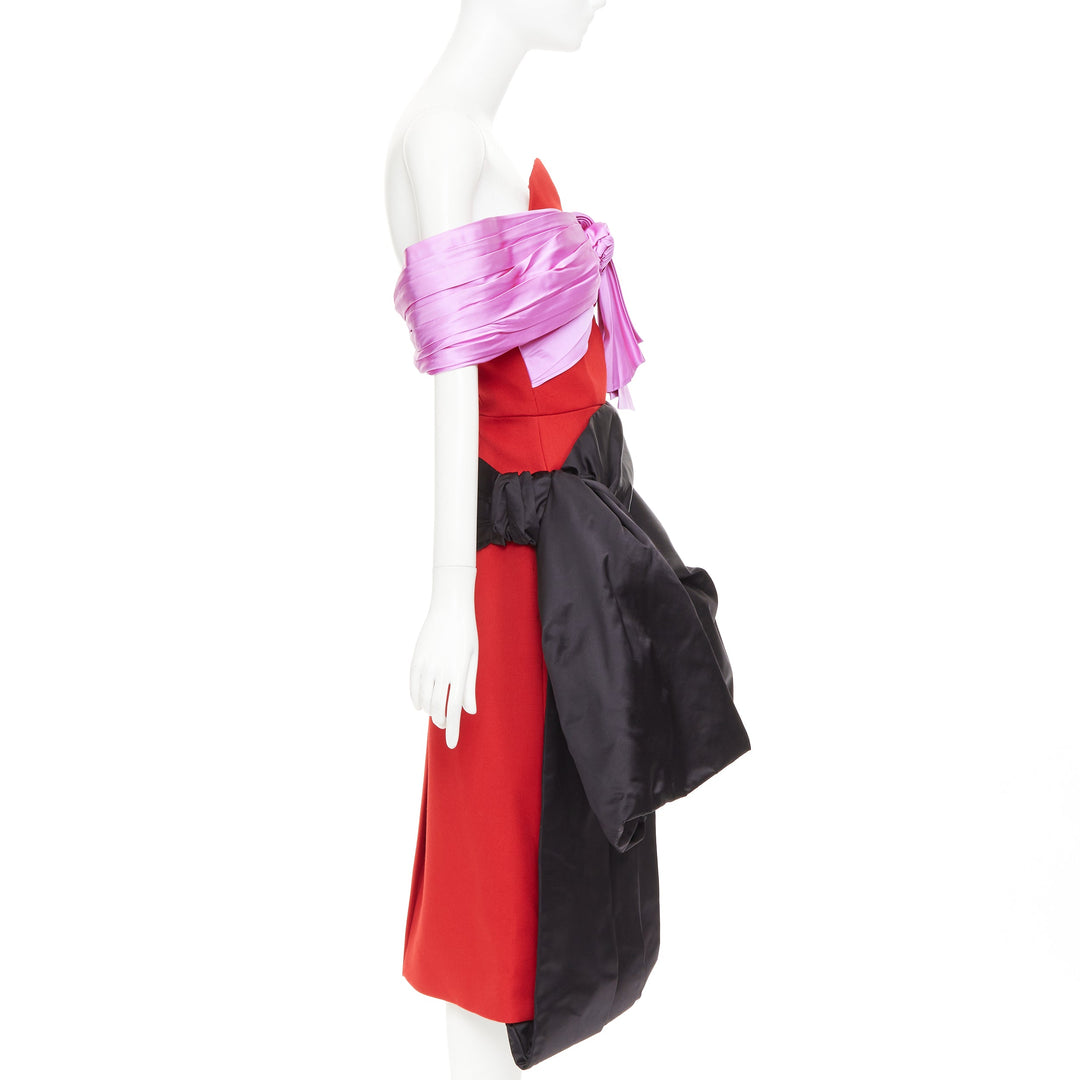 PRADA 2018 red pink black virgin wool satin sash bustier dress IT38 XS